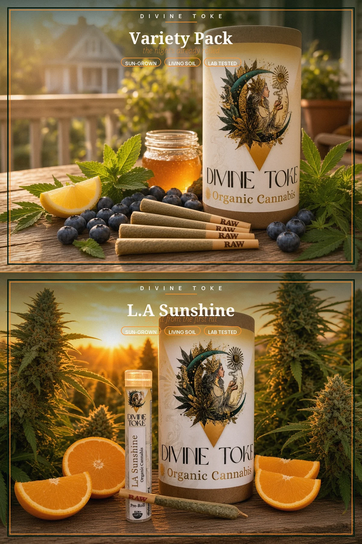 Divine Toke Variety Pack and L.A Sunshine Pre-Roll 20-Packs stacked